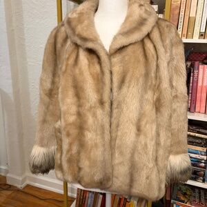 Vintage 1900’s 50’s Mink Faux Fur Cape, Embroidery Lined with Pockets.